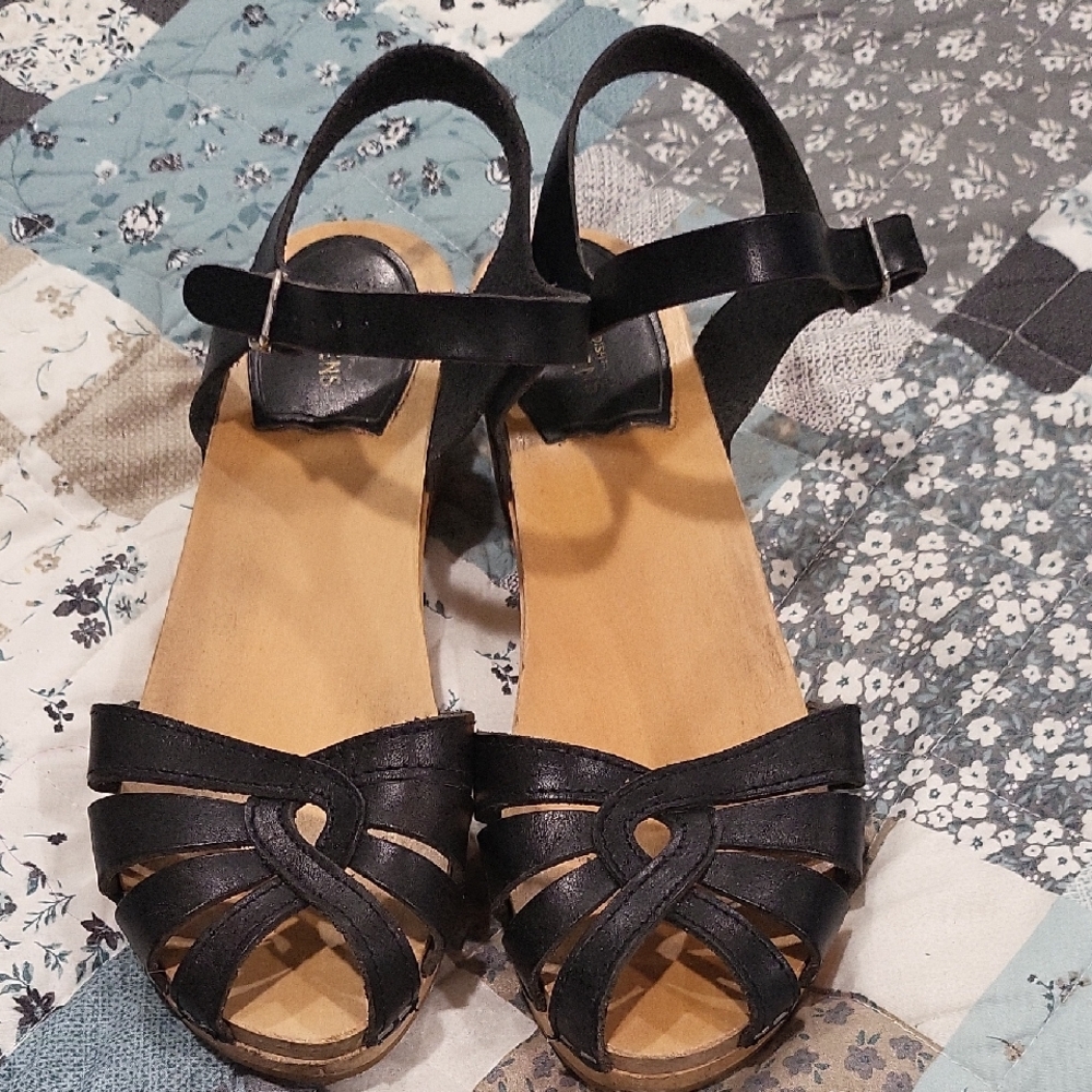Swedish Hasbeens Black Leather Sandals